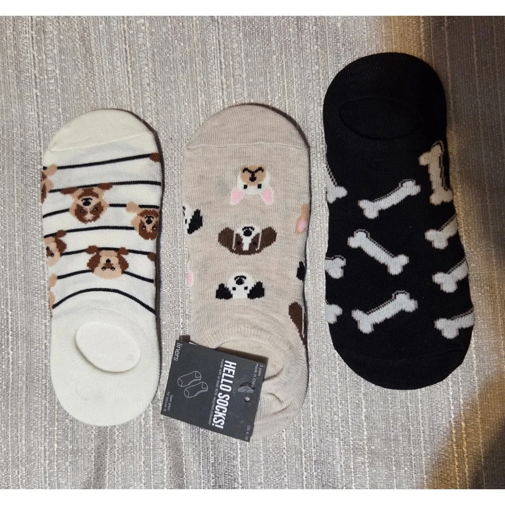 Hello Socks! 3 Pack Dog Bone Liner Socks Oatmeal Black Ivory OS 4-10